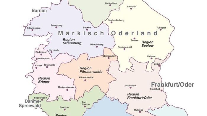 Karte des Kirchenkreises Oder-Spreee mit den jeweiligen Regionen, einigen Städte und Gemeinden