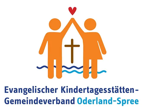 Logo des Kitaverbands mit zwei orangefarbenen Figuren, einem Kreuz, Wellen und einem roten Herz