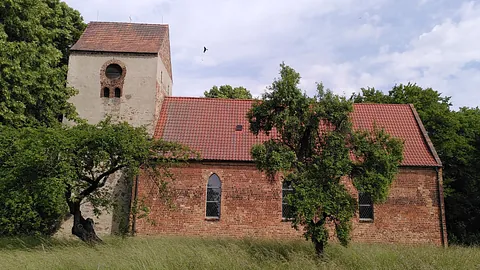 Alte Backsteinkirche mit rotem Ziegeldach und zwei Bäumen im Vordergrund