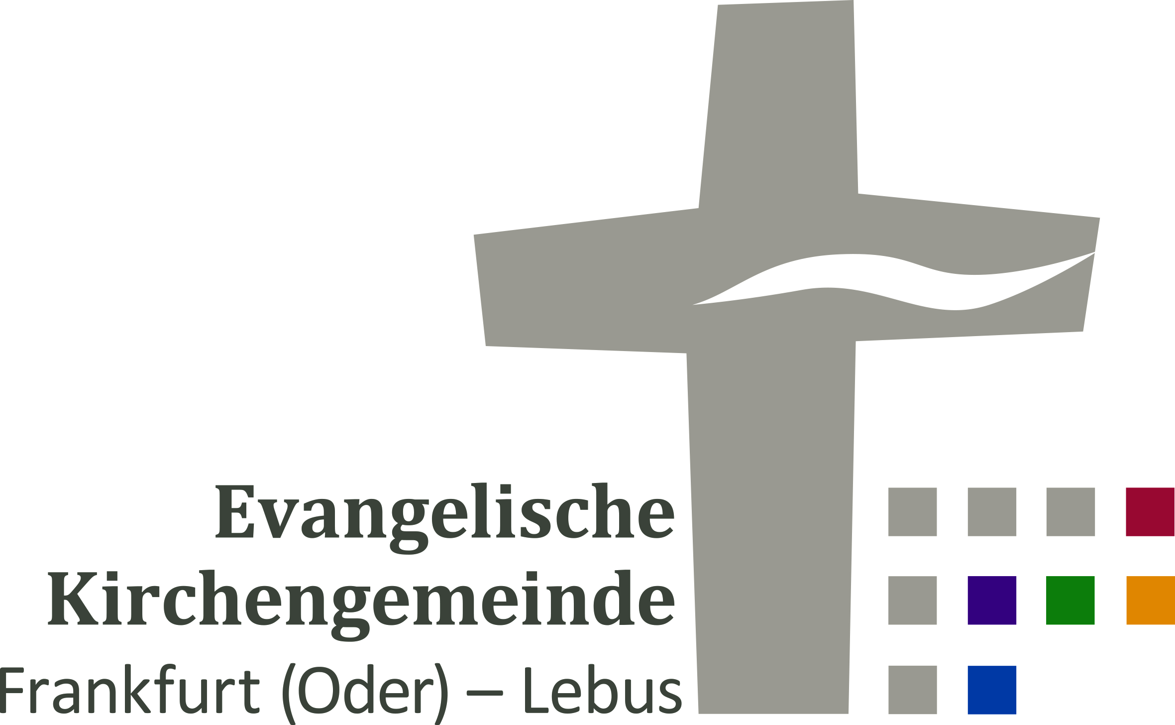 Graues Kreuz mit weißem wellenartigen Einschnitt.